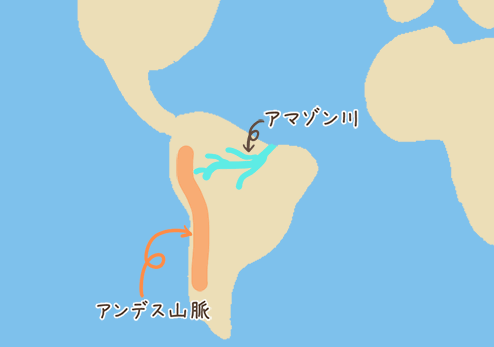 アンデス山脈とアマゾン川 地図のイラスト